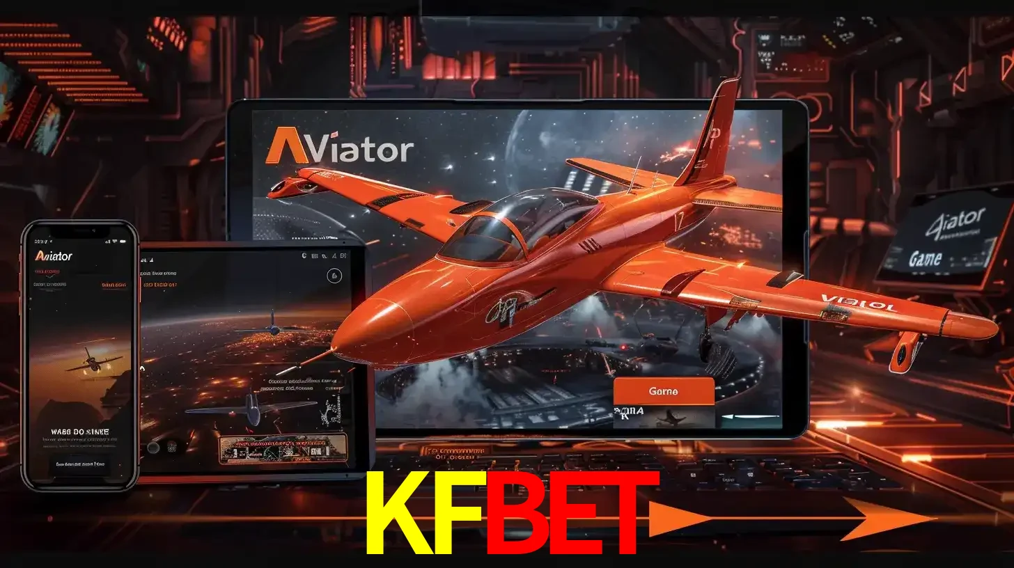 Apresentação tecnológica do jogo Aviator com um avião saindo da tela de um tablet, demonstrando a experiência imersiva em múltiplos dispositivos no KFBET.