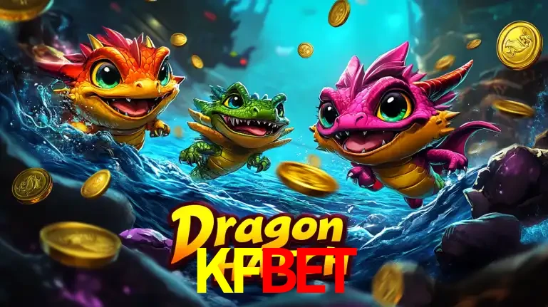 Arte promocional do jogo Dragon Hatch com três adoráveis dragões bebês nadando entre moedas de ouro, um dos slots mais divertidos para jogar no cassino KFBET.