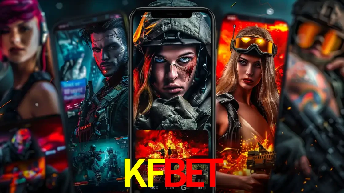 Montagem de telas de celular mostrando diversos personagens, masculinos e femininos, de um jogo de tiro, ilustrando a diversidade de equipes de e-sports para apostar no KFBET.