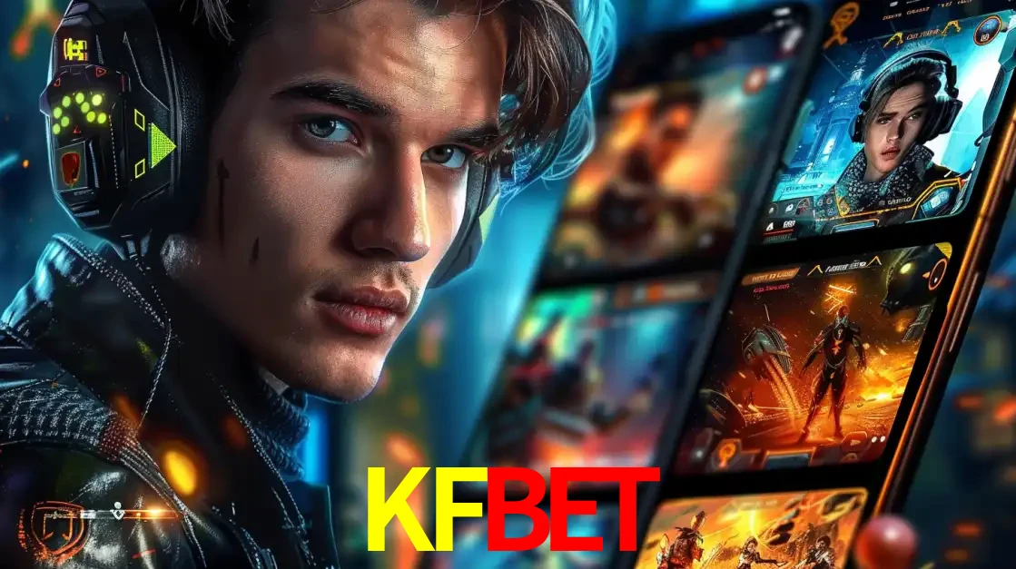 Jovem jogador com fones de ouvido olhando para a câmera, com um aplicativo de jogos e e-sports para celular ao fundo, pronto para a competição e apostas no KFBET.