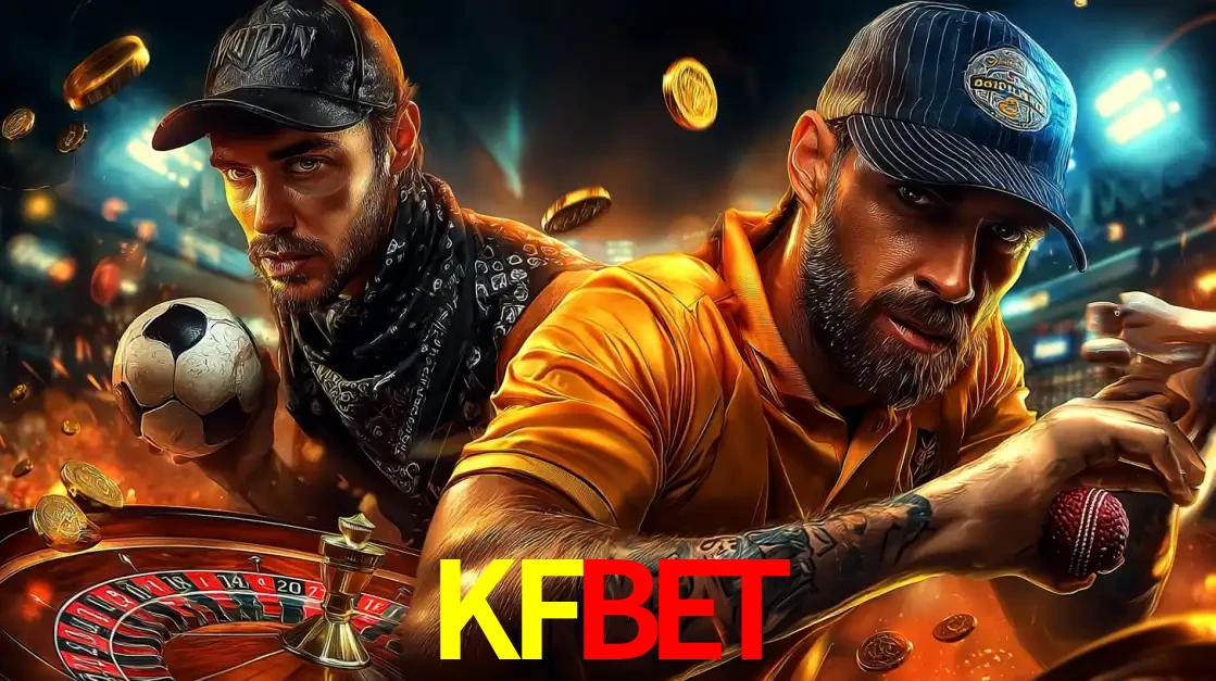 Montagem de apostas esportivas e cassino no KFBET, com um homem segurando uma bola de futebol e outro uma de beisebol sobre uma roleta e moedas voadoras.