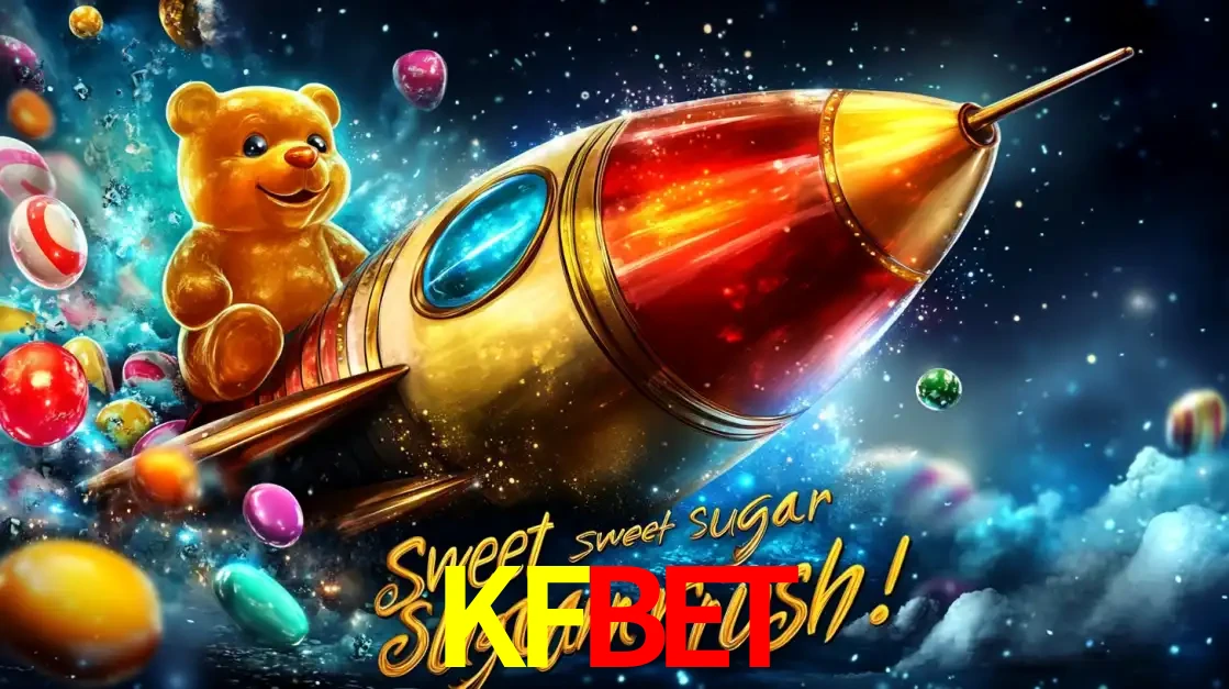Arte promocional do jogo de slot Sugar Rush, com um urso de pelúcia em um foguete viajando pelo espaço de doces, um dos jogos divertidos disponíveis no cassino KFBET.