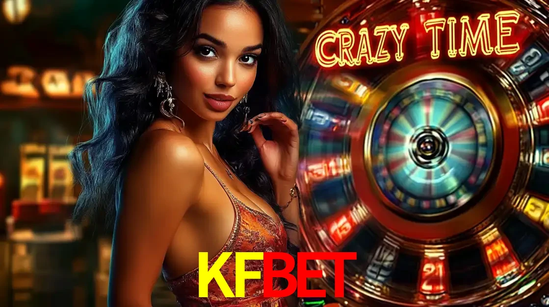 Mulher elegante ao lado da vibrante roda da fortuna do jogo de cassino ao vivo Crazy Time, um dos game shows mais populares e cheios de prêmios do KFBET.