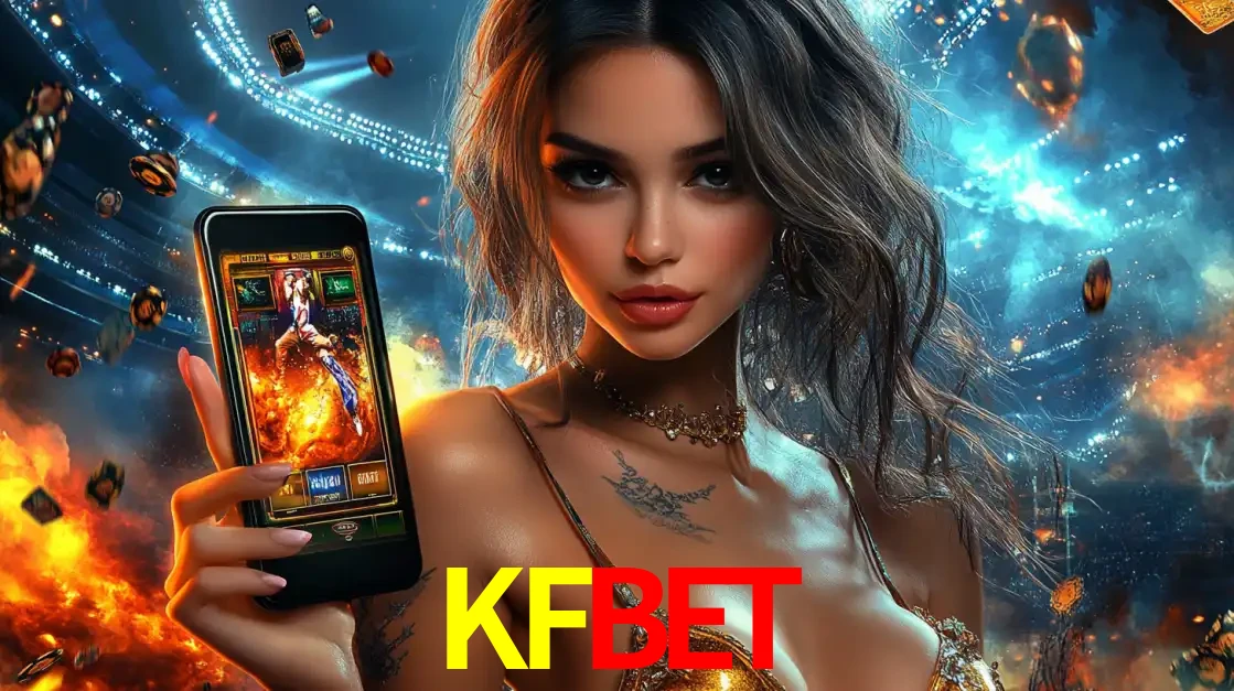 Mulher segurando um celular com um jogo de slot em destaque, tendo como fundo um estádio vibrante, simbolizando a emoção de jogar no cassino móvel KFBET.